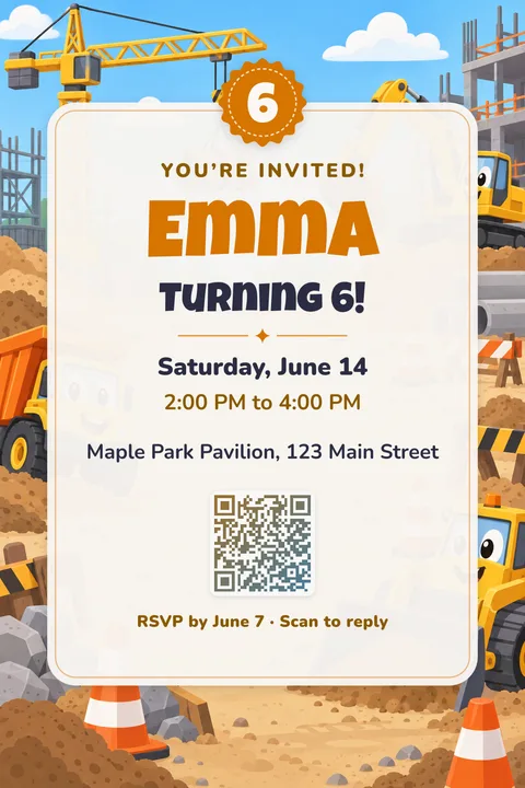 Construction birthday invitation template, Center card