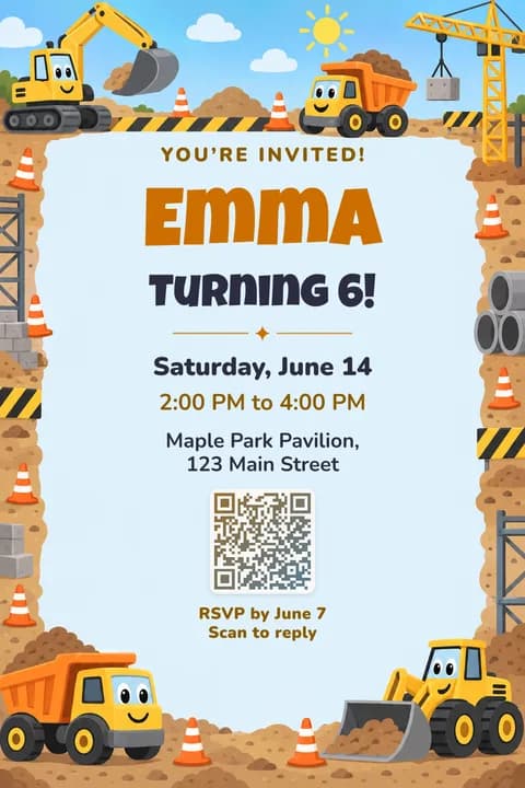 Construction birthday invitation template, Framed