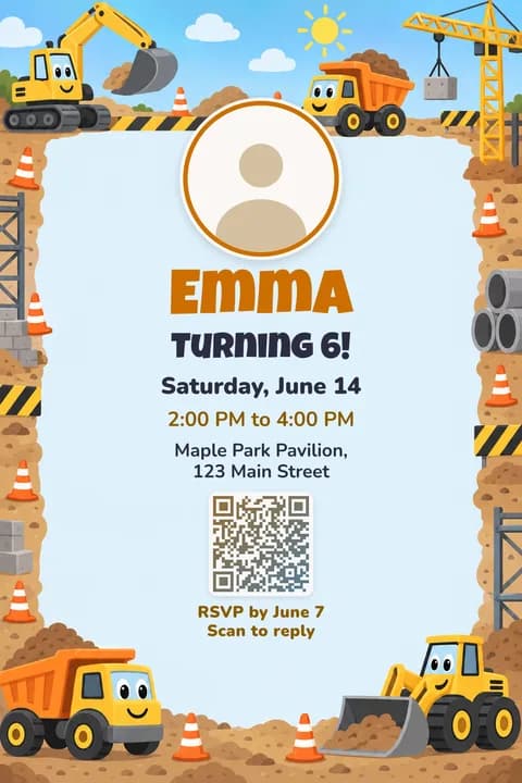 Construction birthday invitation template, With photo