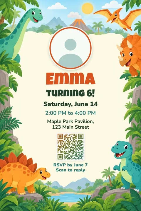 Dinosaur birthday invitation template, With photo