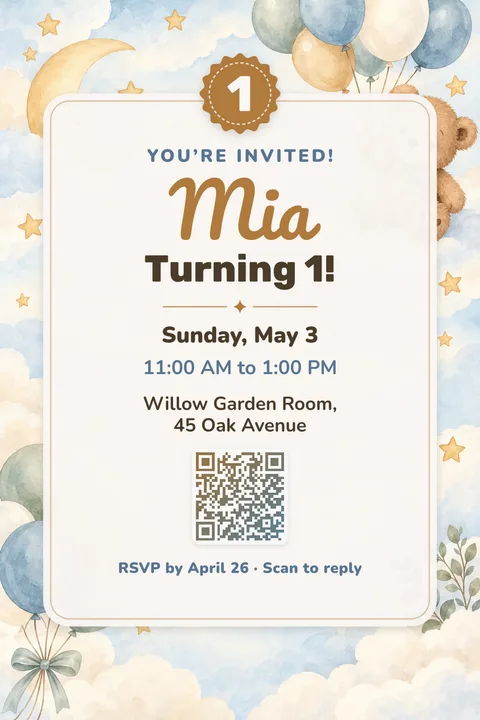 Little bear birthday invitation template, Center card