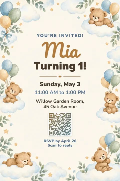 Little bear birthday invitation template, Framed