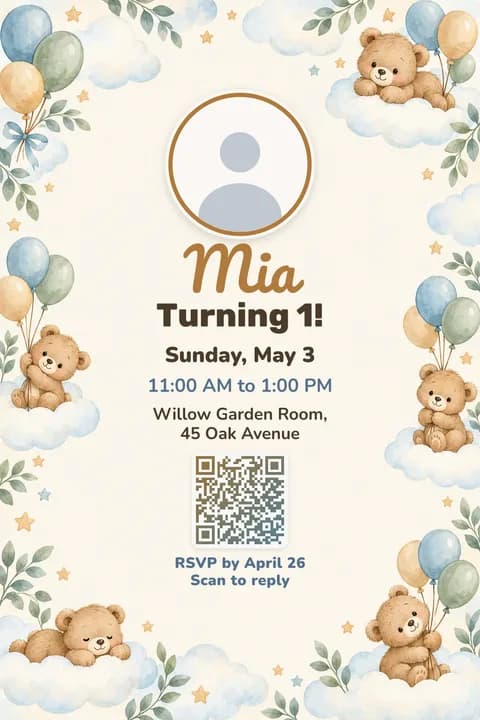 Little bear birthday invitation template, With photo