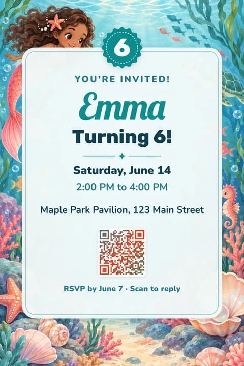 Mermaid birthday invitation template, Center card