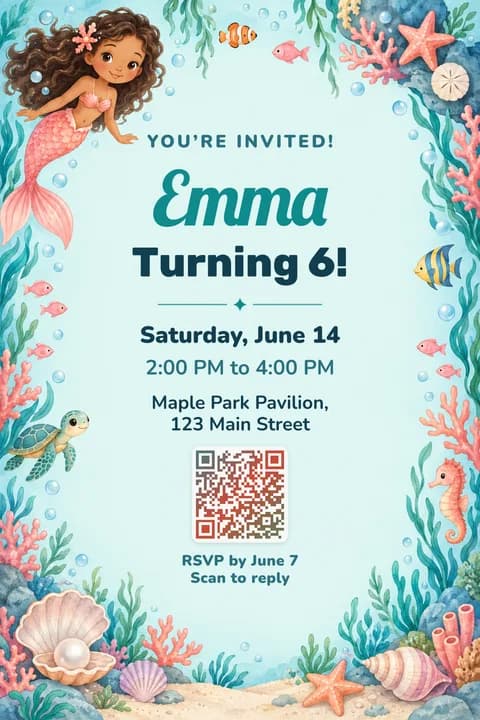 Mermaid birthday invitation template, Framed