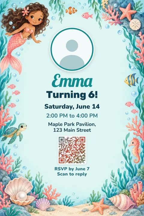 Mermaid birthday invitation template, With photo