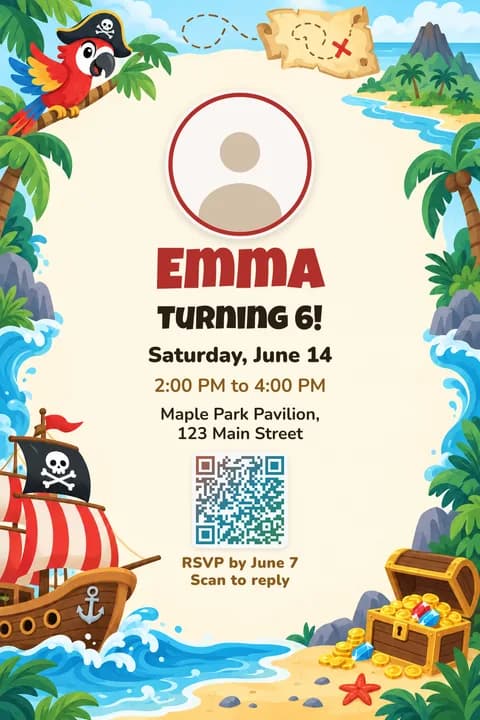 Pirate birthday invitation template, With photo