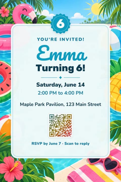 Pool party birthday invitation template, Center card