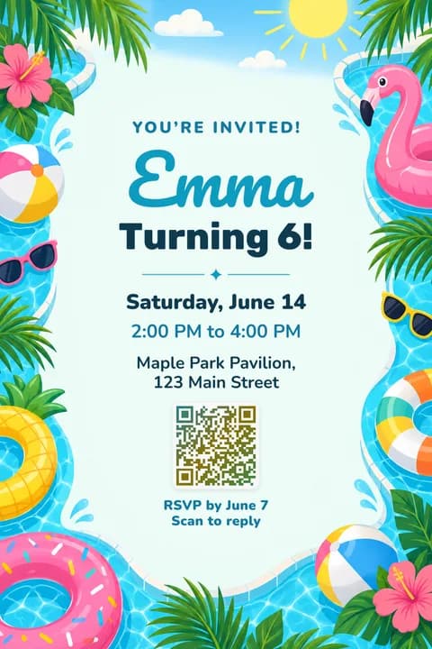 Pool party birthday invitation template, Framed