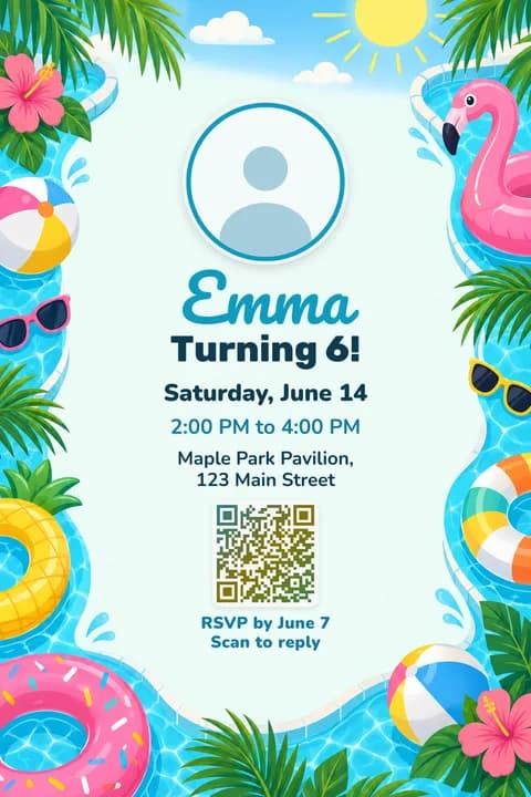 Pool party birthday invitation template, With photo