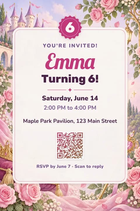 Princess birthday invitation template, Center card