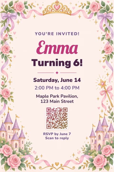 Princess birthday invitation template, Framed