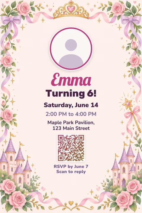 Princess birthday invitation template, With photo