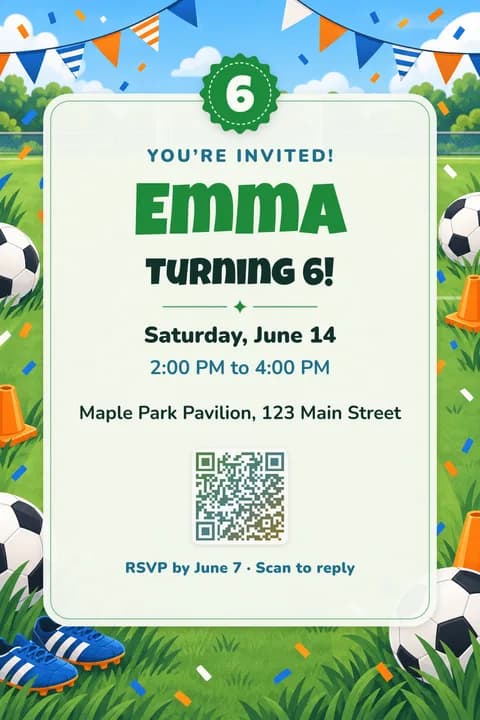 Soccer birthday invitation template, Center card