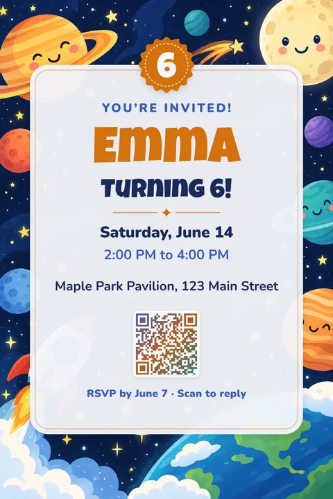 Space birthday invitation template, Center card