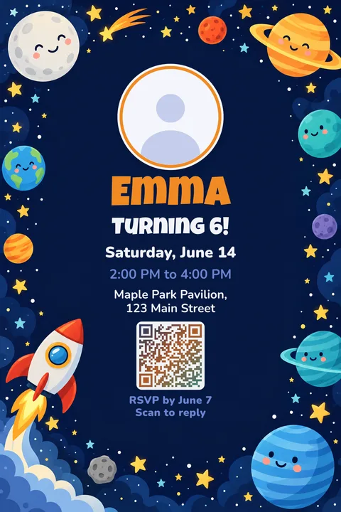 Space birthday invitation template, With photo