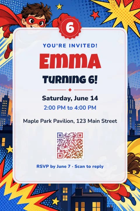 Superhero birthday invitation template, Center card