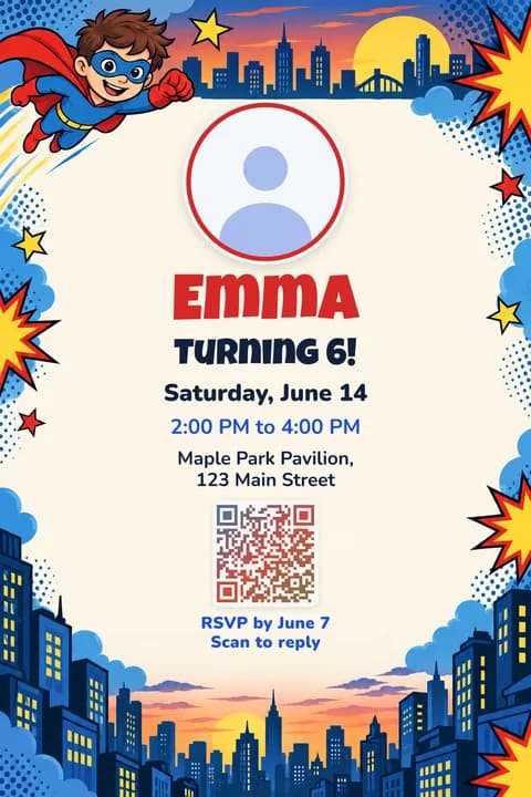 Superhero birthday invitation template, With photo