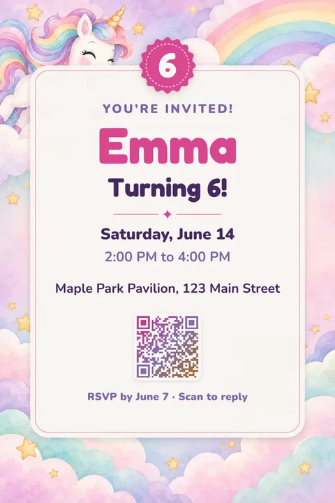 Unicorn birthday invitation template, Center card