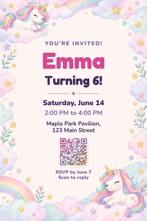 Unicorn birthday invitation template, Framed