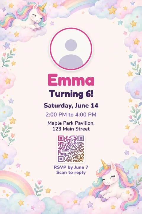 Unicorn birthday invitation template, With photo