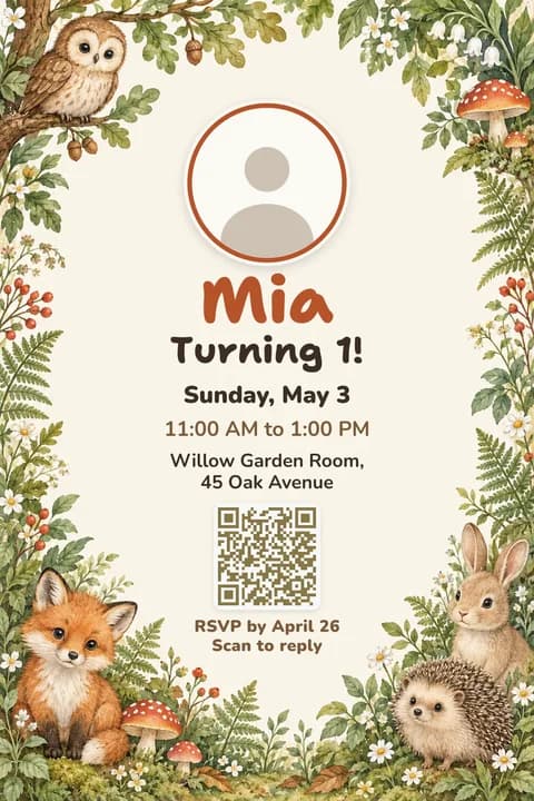 Woodland birthday invitation template, With photo