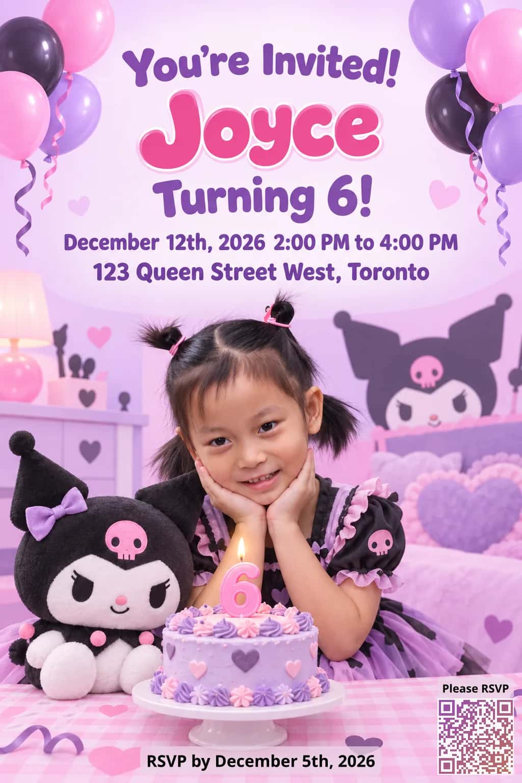 Kuromi birthday invitation starring Joyce from her photo